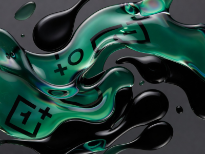 Abstract emerald and black fluid shapes reflecting OnePlus branding